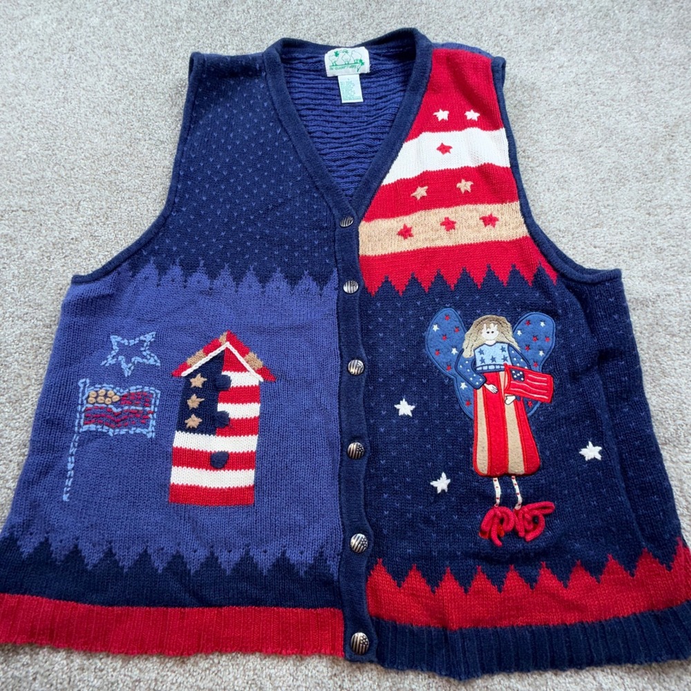 Quacker Factory Americana Patriotic Angel Knit Sweater Vest Blue Red Large